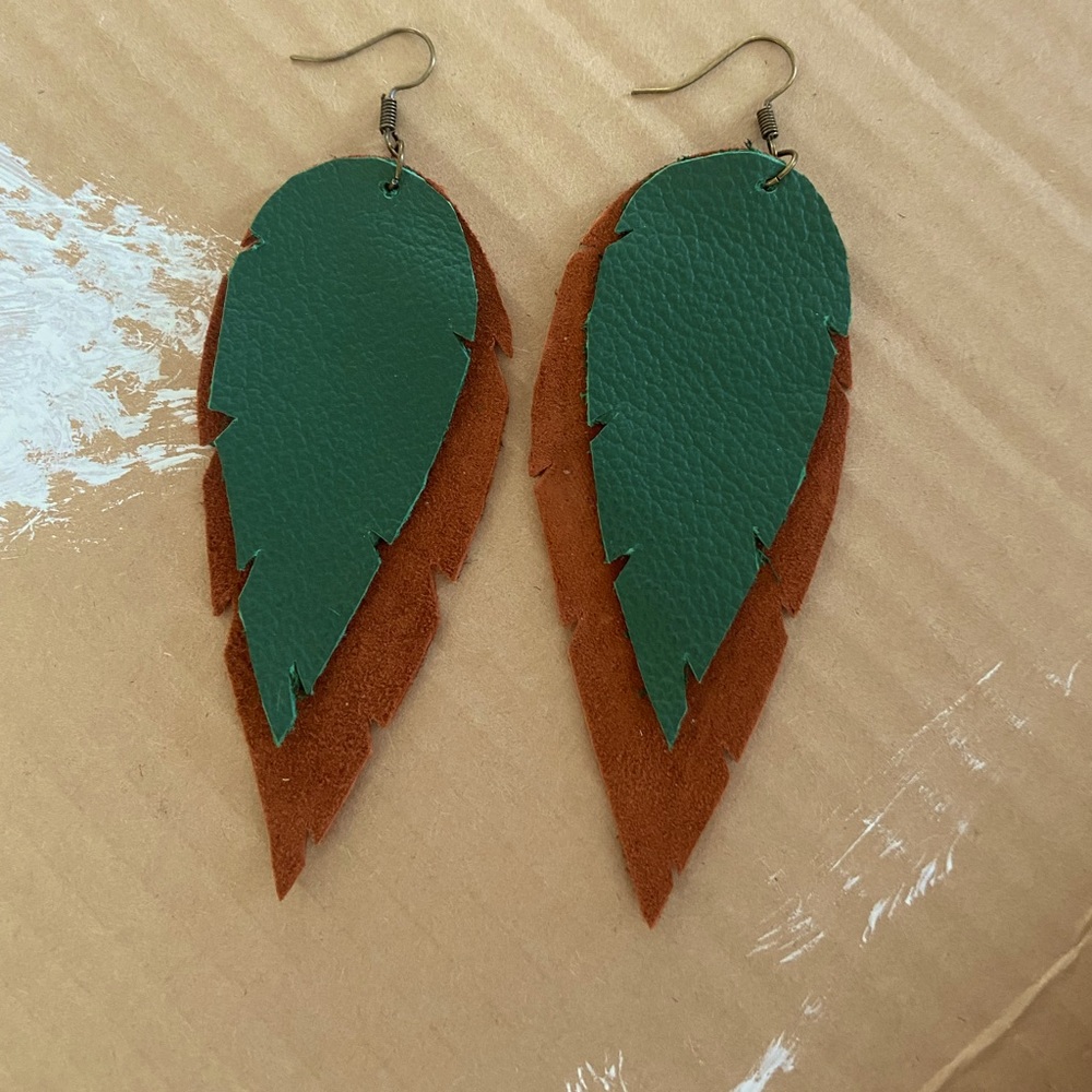 Green and tan leather feather earrings